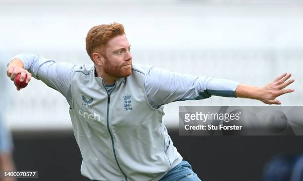 England batsman Jonny Bairstow in fielding action during an England nets session ahead of the test series against New Zealand at Lord's Cricket...