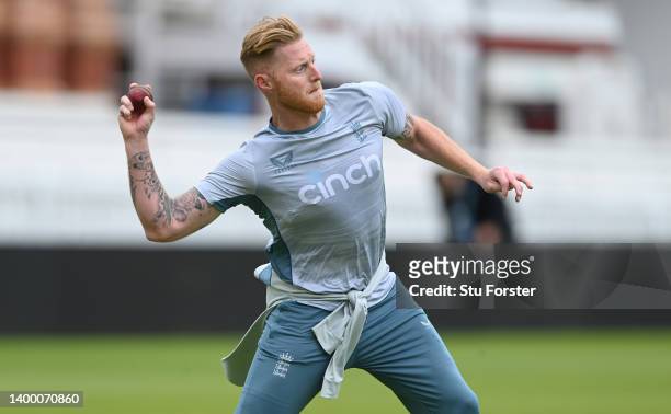 England captain Ben Stokes in action during fielding practice during an England nets session ahead of the test series against New Zealand at Lord's...