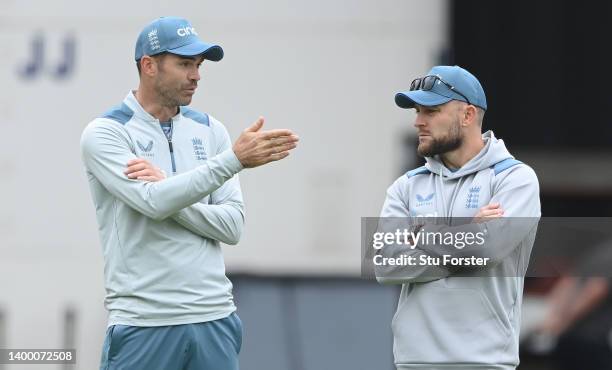 England bowler James Anderson speaks with new head coach Brendon McCullum during an England nets session ahead of the test series against New Zealand...