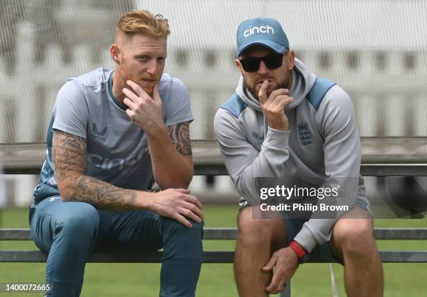 Ben Stokes and Brendon McCullum of England talk during a training session before Thursday's first Test match against New Zealand at Lord's Cricket...