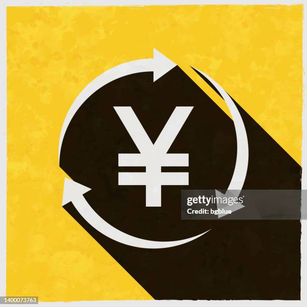 yen reload. icon with long shadow on textured yellow background - copper texture background stock illustrations