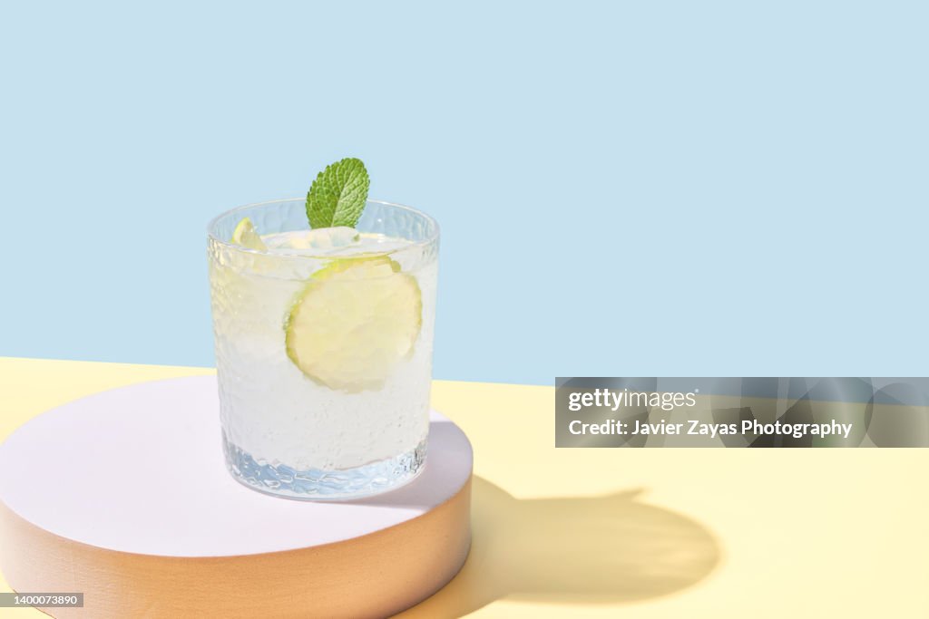 Fresh Homemade Lemonade Glass On Blue Colored Background