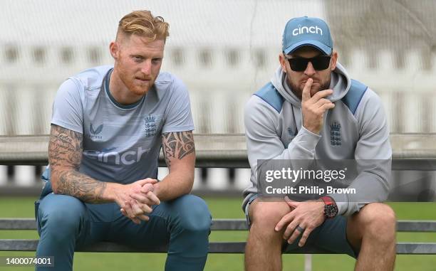 Ben Stokes and Brendon McCullum of England talk during a training session before Thursday's first Test match against New Zealand at Lord's Cricket...