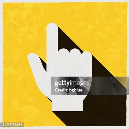 Hand cursor - pointer. Icon with long shadow on textured yellow background Hand cursor - pointer. Icon with long shadow on textured yellow background