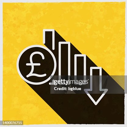 Pound rate decrease. Icon with long shadow on textured yellow background Pound rate decrease. Icon with long shadow on textured yellow background