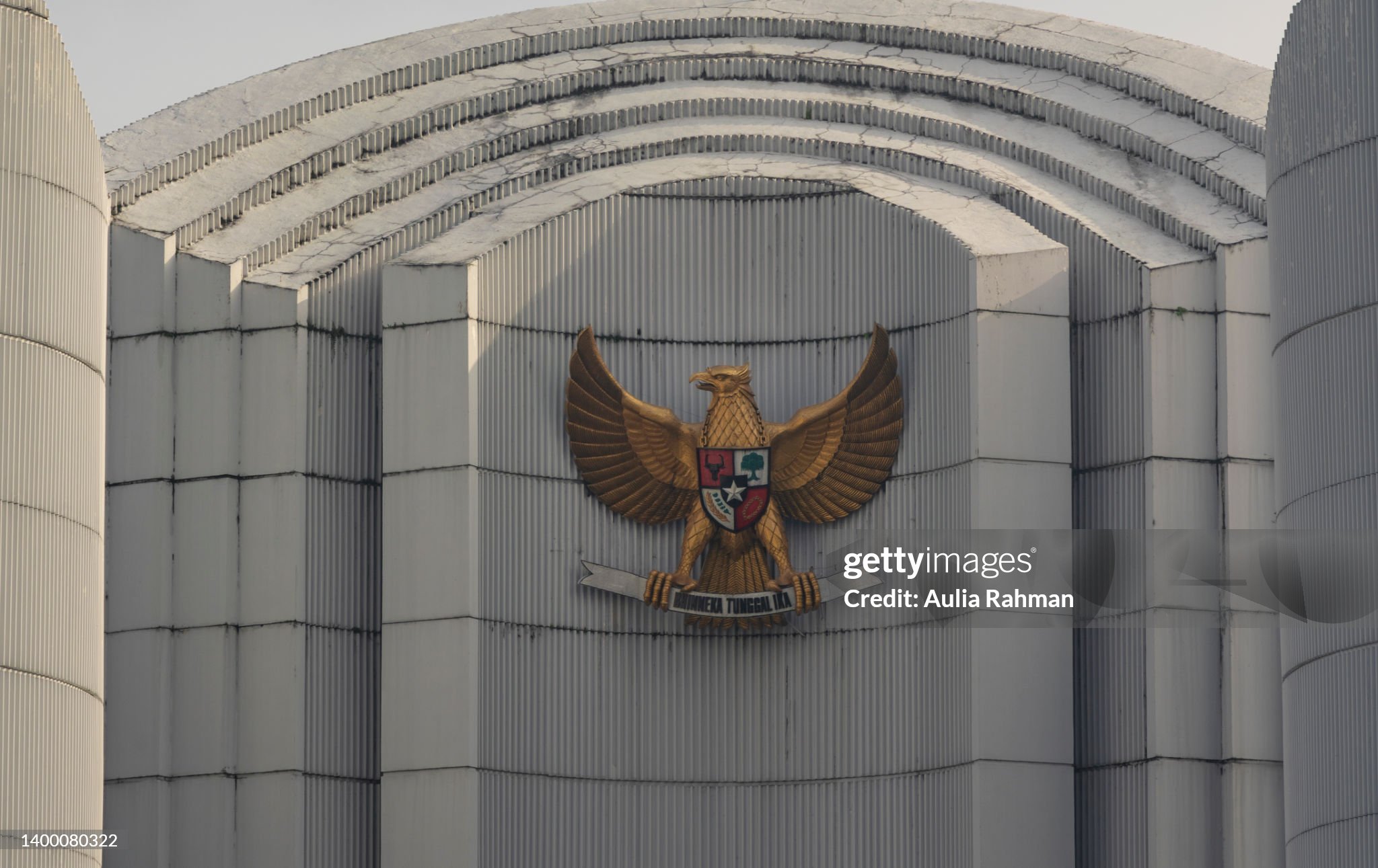 Garuda Pancasila Indonesian national symbols or emblems in Monument of Struggle Bandung. The emblem is showing Indonesia national motto Unity in Diversity , Bhineka Tunggal Ika