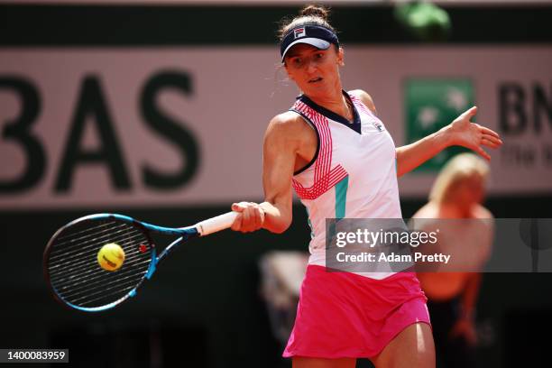 Irina-Camelia Begu of Romania plays a forehand against Jessica Pegula of The United States during the Women's Singles Fourth Round match on Day 9 of...