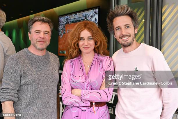 Guillaume De Tonquedec, Marine Delterme and Gus attend the French Open 2022 at Roland Garros on May 30, 2022 in Paris, France.