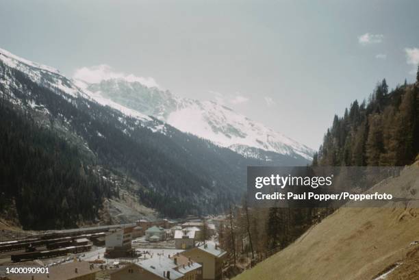 View looking south of buildings and the railway station in the town of Brenner on the border between Austria and Italy in South Tyrol circa 1960. The...