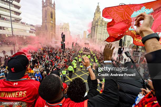 Liverpool players and staff engaging during the Liverpool trophy parade on May 29, 2022 in Liverpool, England.