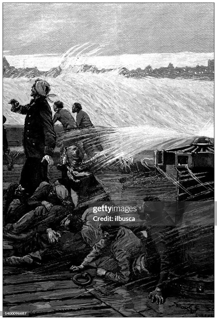 Antique illustration: On a wooden raft during a storm