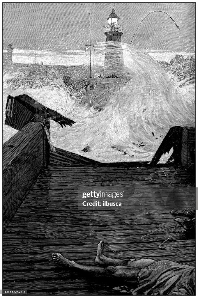Antique illustration: On a wooden raft during a storm