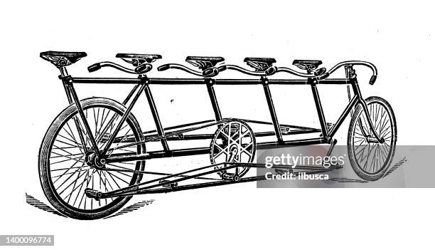 stockillustraties, clipart, cartoons en iconen met antique illustration: transportation inventions, multiple bicycle - tandem positie