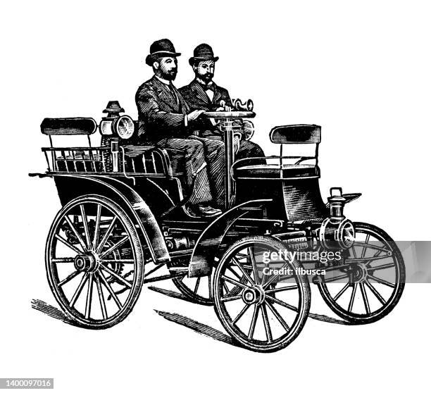 ilustraciones, imágenes clip art, dibujos animados e iconos de stock de ilustración antigua: invenciones de transporte, automóviles y sus partes - mechanical drawing car