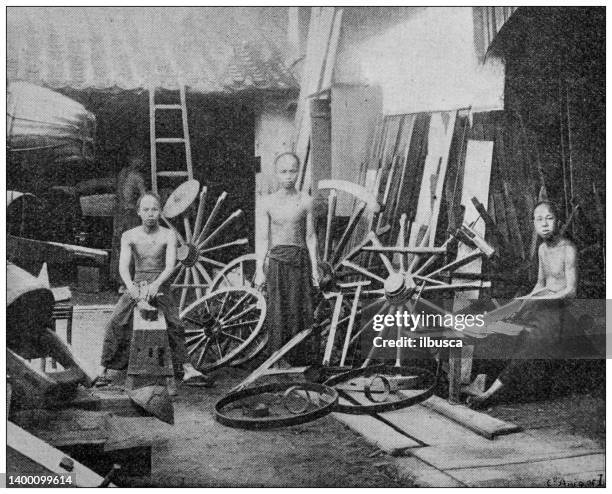 antique photo: french colonization of north vietnam, men working - tonkinese cat stock illustrations