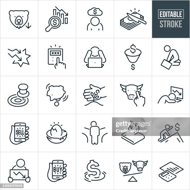 ilustraciones, imágenes clip art, dibujos animados e iconos de stock de iconos de línea delgada de los mínimos del mercado de valores - trazo editable - caída de la bolsa de acciones