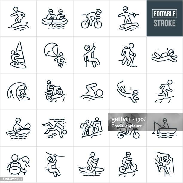 bildbanksillustrationer, clip art samt tecknat material och ikoner med outdoor recreation thin line icons - editable stroke - backpacker