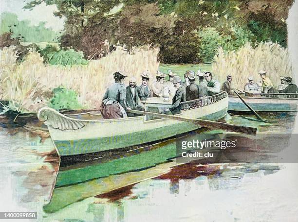 wörtlitzer see boat trip with coffee on a table - tour boat stock illustrations