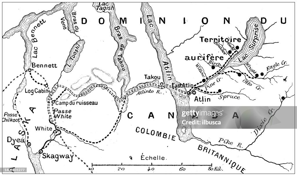 Antique illustration: Gold rush in Canada, Yukon. Lake Atlin first settlements