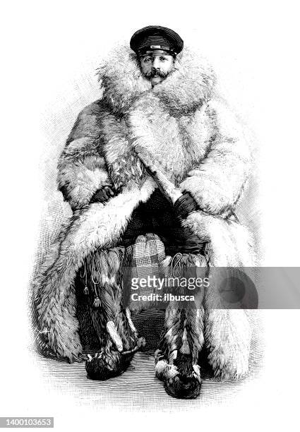 antique illustration: driver with winter fur - fat hairy guys stock illustrations