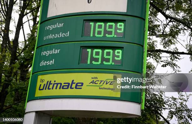 Fuel prices are displayed on a BP petrol station garage forecourt at Rownhams motorway service station on the M27, on May 30, 2022 in Hampshire,...