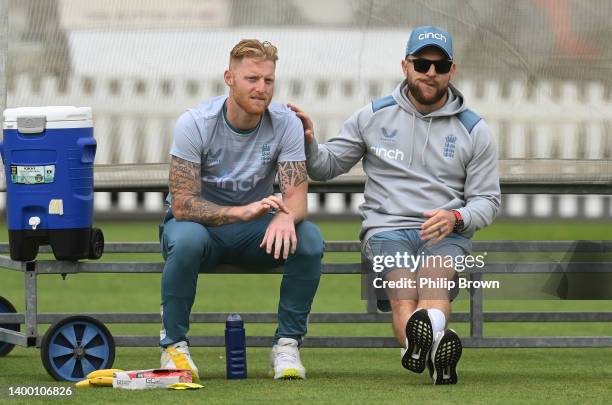 Ben Stokes and Brendon McCullum of England talk during a training session before Thursday's first Test match against New Zealand at Lord's Cricket...