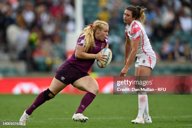 Abi Burton of England makes a break during the Women's Inter-Squad match on day two of the HSBC London Sevens at Twickenham Stadium on May 29, 2022...