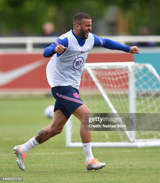 Kyle Walker celebrates during a England Men Training Session at St Georges Park on May 30, 2022 in Burton-upon-Trent, England.