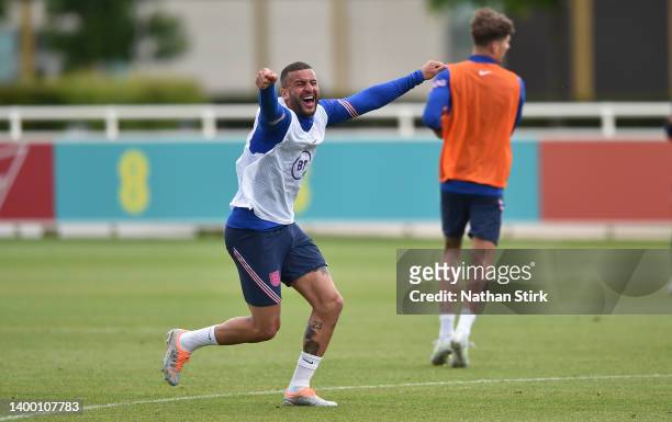 Kyle Walker celebrates during a England Men Training Session at St Georges Park on May 30, 2022 in Burton-upon-Trent, England.