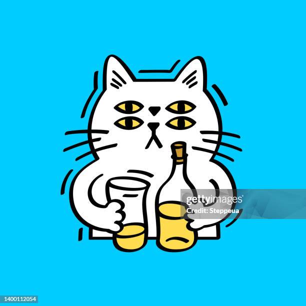 アルコールを飲む白猫 - 酔う点のイラスト素材／クリップアート素材／マンガ素材／アイコン素材