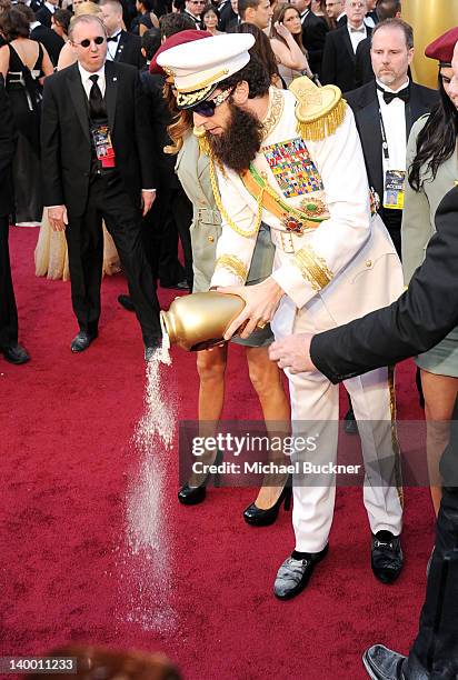 Actor Sacha Baron Cohen, dressed as his character 'General Aladeen,' arrives at the 84th Annual Academy Awards held at the Hollywood & Highland...