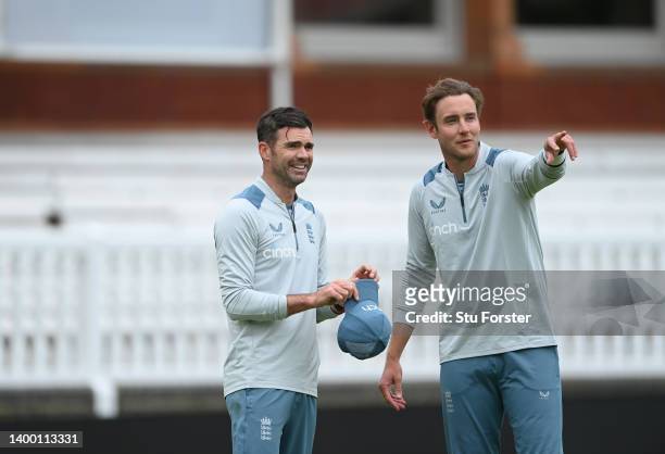 England bowlers James Anderson and Stuart Broad share a joke during fielding practice during an England nets session ahead of the test series against...