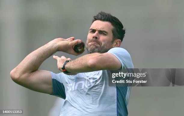 England bowler James Anderson in action during an England nets session ahead of the test series against New Zealand at Lord's Cricket Ground on May...