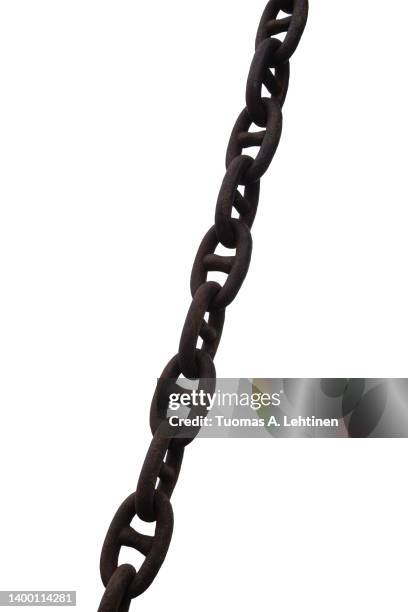 ship's big, old and weathered metal anchor chain isolated on white background. - chain stock-fotos und bilder