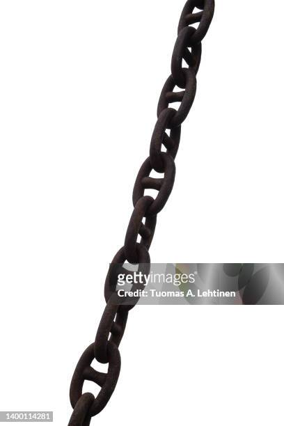 ship's big, old and weathered metal anchor chain isolated on white background. - cadenas fotografías e imágenes de stock