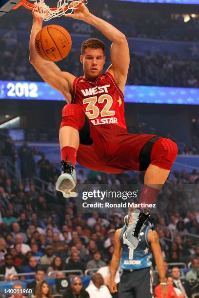 Blake Griffin of the Los Angeles Clippers and the Western Conference dunks during the 2012 NBA All-Star Game at the Amway Center on February 26, 2012...