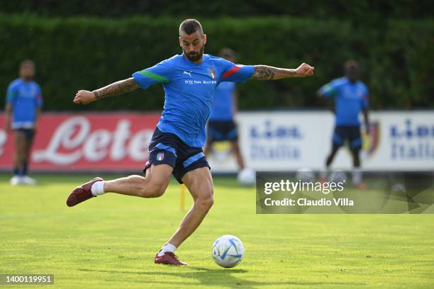 Leonardo Spinazzola of Italy in action during Italy training session at Centro Tecnico Federale di Coverciano on May 30, 2022 in Florence, Italy.