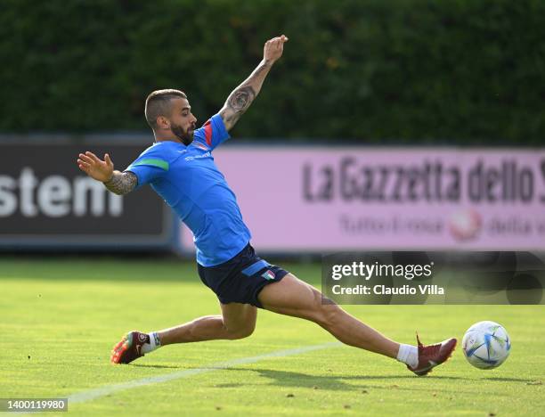 Leonardo Spinazzola of Italy in action during Italy training session at Centro Tecnico Federale di Coverciano on May 30, 2022 in Florence, Italy.