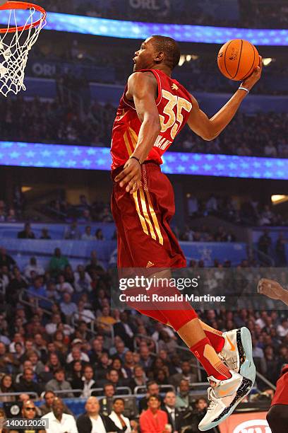 Kevin Durant of the Oklahoma City Thunder and the Western Conference dunks during the 2012 NBA All-Star Game at the Amway Center on February 26, 2012...