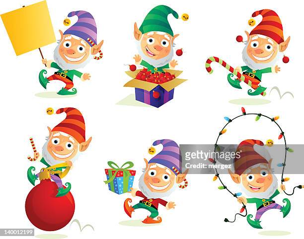 six illustrations of a happy christmas elf - pixie stock illustrations