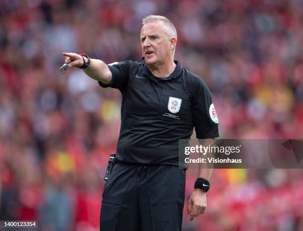 Referee Jon Moss during the Sky Bet Championship Play-Off Final match between Huddersfield Town and Nottingham Forest at Wembley Stadium on May 29,...