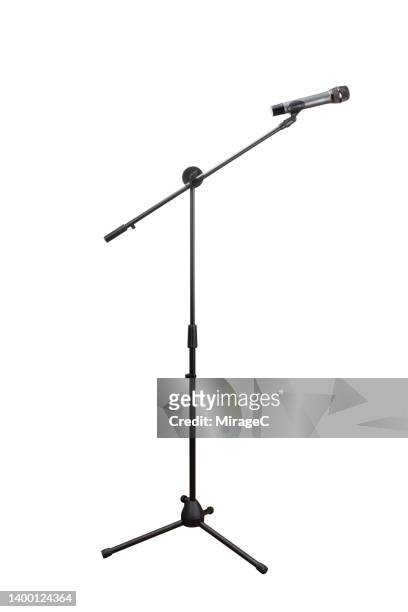 microphone on boom arm of an on-stage stand isolated on white - microphone stand - fotografias e filmes do acervo