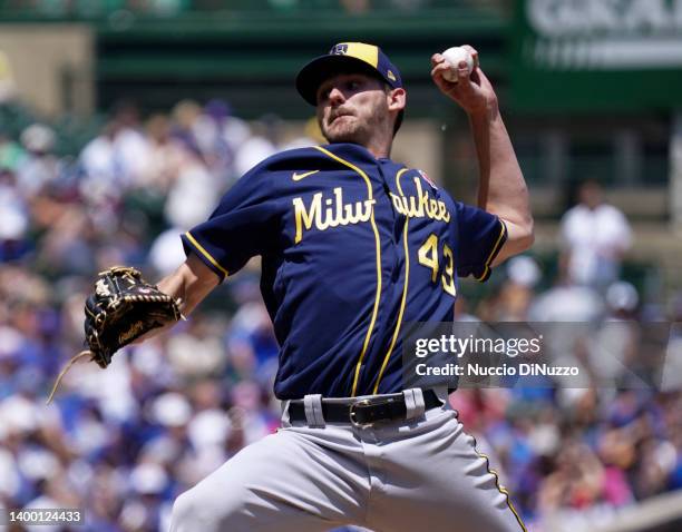 Ethan Small of the Milwaukee Brewers throws a pitch during the third inning of Game One of a doubleheader against the Chicago Cubs at Wrigley Field...