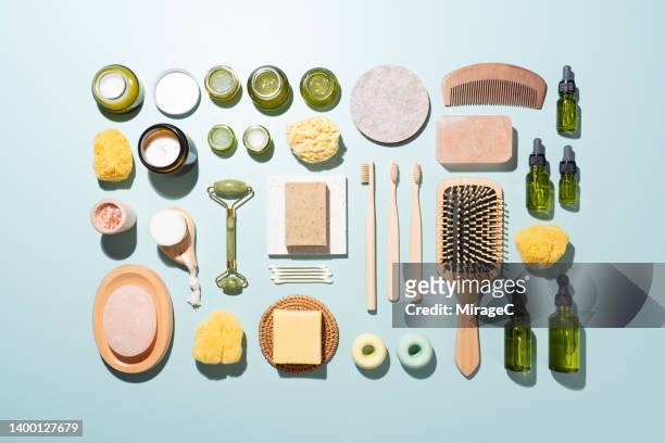 knolling of natural beauty products for skin and body care - group c imagens e fotografias de stock