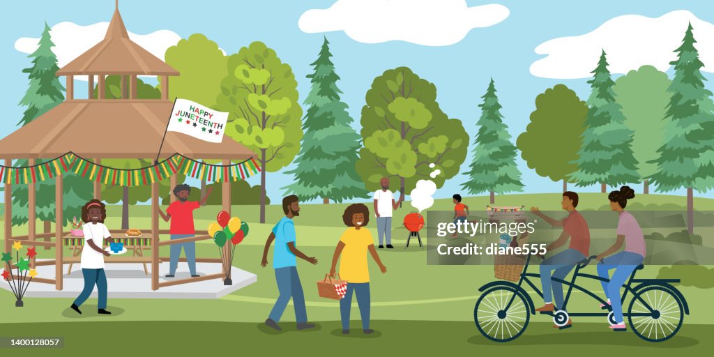Un grupo de personas celebrando la fiesta de Juneteenth en el parque
