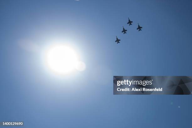 The Blue Angels fly over the Intrepid Sea, Air & Space Museum’s annual Memorial Day Commemoration Ceremony on May 30, 2022 in New York City. The...