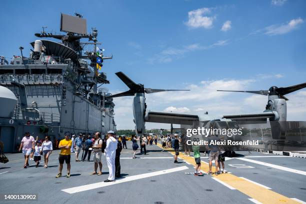 People visit the flight deck of the USS Bataan on Memorial Day on May 30, 2022 in New York City. The USS Bataan along with multiple other vessels...