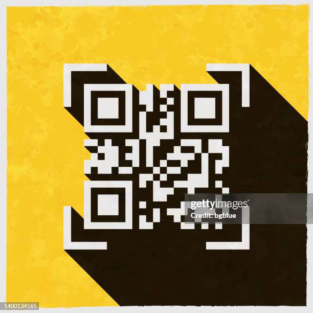 ilustrações de stock, clip art, desenhos animados e ícones de qr code scan. icon with long shadow on textured yellow background - papers scanning to digital vector