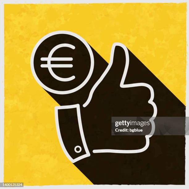 euro coin with thumbs up. icon with long shadow on textured yellow background - black thumbs up white background stock illustrations