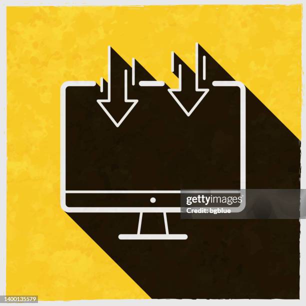 send to desktop computer. icon with long shadow on textured yellow background - tv screen texture stock illustrations